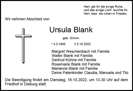 Traueranzeige von Ursula Blank von vrm-trauer DieburgerAnzeiger/Groß-Zimmerner Lokala