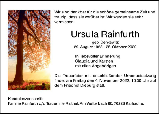 Traueranzeige von Ursula Rainfurth von vrm-trauer DieburgerAnzeiger/Groß-Zimmerner Lokala
