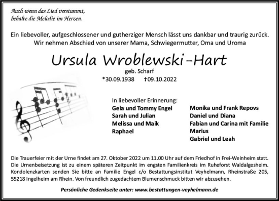 Traueranzeige von Ursula Wroblewski-Hart von vrm-trauer Allgemeine  Zeitung Ingelheim-Bingen