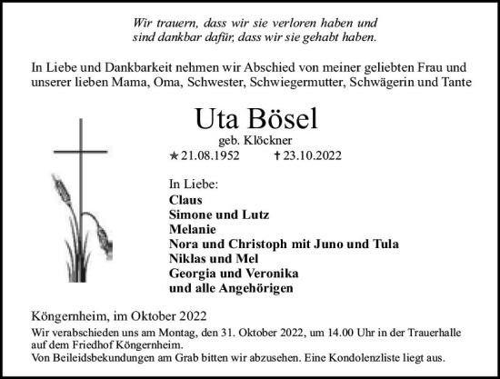 Traueranzeige von Uta Bösel von vrm-trauer AZ Mainz