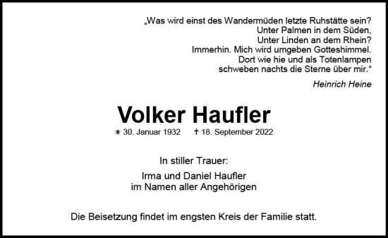 Traueranzeige von Volker Haufler von vrm-trauer AZ Mainz