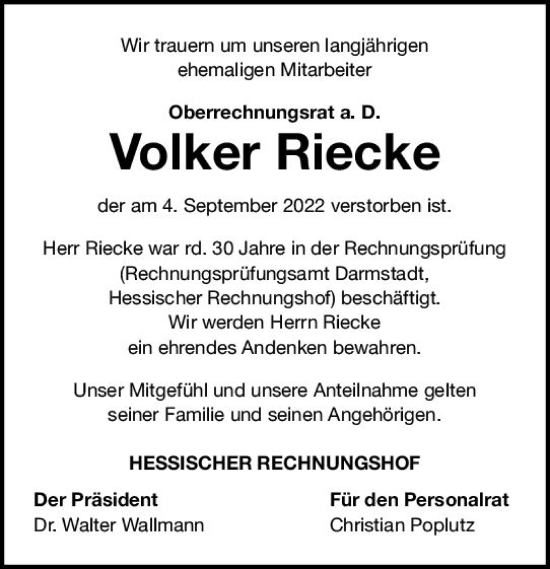 Traueranzeige von Volker Riecke von vrm-trauer Darmstädter Echo