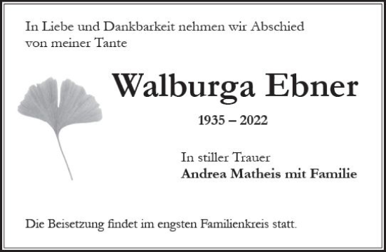 Traueranzeige von Walburga Ebner von vrm-trauer Wiesbadener Kurier