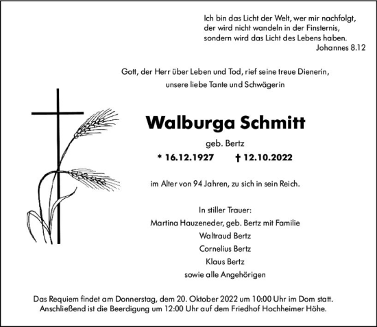 Traueranzeige von Walburga Schmitt von vrm-trauer Wormser Zeitung