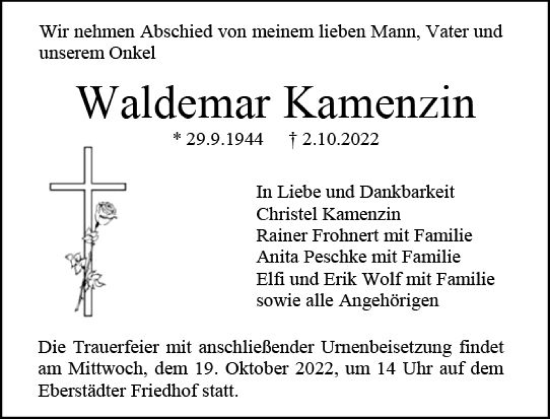 Traueranzeige von Waldemar Kamenzin von vrm-trauer Darmstädter Echo