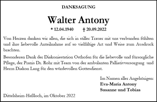 Traueranzeige von Walter Antony von vrm-trauer Wormser Zeitung