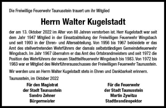 Traueranzeige von Walter Kugelstadt von vrm-trauer WK-UTA