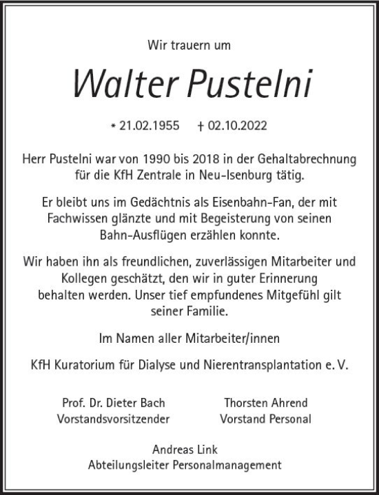 Traueranzeige von Walter Pustelni von vrm-trauer Groß-Gerauer Echo