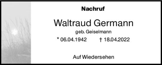 Traueranzeige von Waltraud Germann von vrm-trauer AZ Mainz