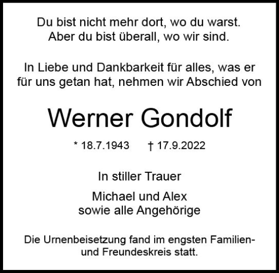 Traueranzeige von Werner Gondolf von vrm-trauer DieburgerAnzeiger/Groß-Zimmerner Lokala