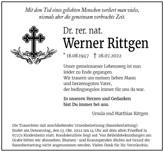 Traueranzeige von Werner Rittgen von vrm-trauer Wormser Zeitung
