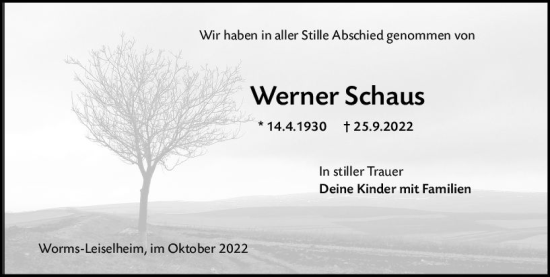 Traueranzeige von Werner Schaus von vrm-trauer Wormser Zeitung