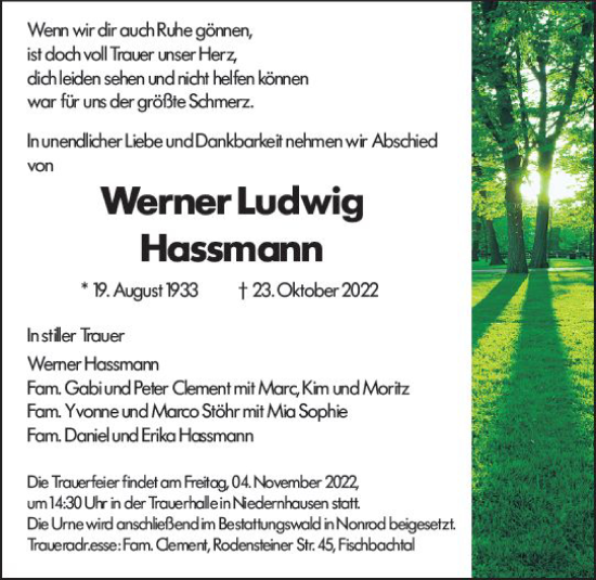 Traueranzeige von Werner Ludwig Hassmann von vrm-trauer Darmstädter Echo