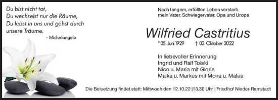 Traueranzeige von Wilfried Castritius von vrm-trauer Darmstädter Echo