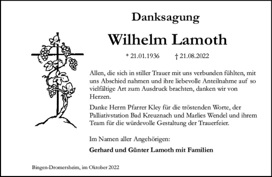 Traueranzeige von Wilhelm Lamoth von vrm-trauer Allgemeine  Zeitung Ingelheim-Bingen