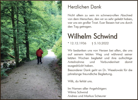 Traueranzeige von Wilhelm Schwind von vrm-trauer AZ Mainz