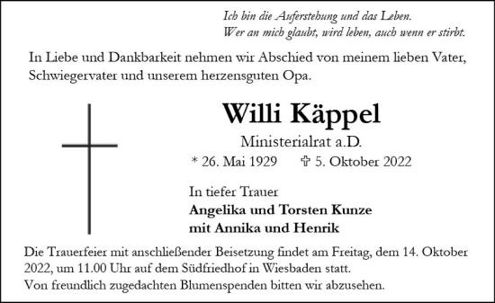 Traueranzeige von Willi Käppel von vrm-trauer Wiesbadener Kurier