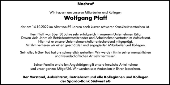 Traueranzeige von Wolfgang Pfaff von vrm-trauer AZ Mainz