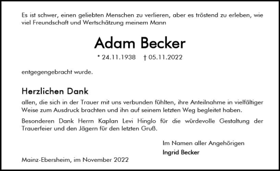 Traueranzeige von Adam Becker von vrm-trauer AZ Mainz