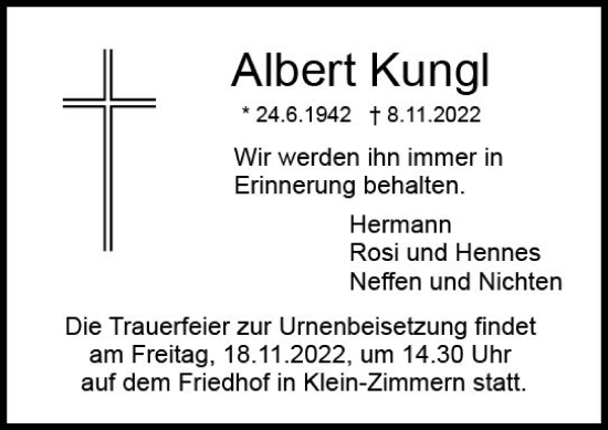Traueranzeige von Albert Kungl von vrm-trauer DieburgerAnzeiger/Groß-Zimmerner Lokala