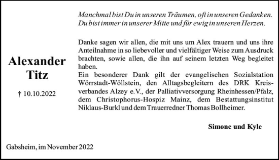 Traueranzeige von Alexander Titz von vrm-trauer Allgemeine Zeitung Alzey