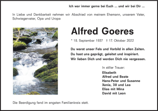 Traueranzeige von Alfred Goeres von vrm-trauer Rüsselsheimer Echo / MainSpitze