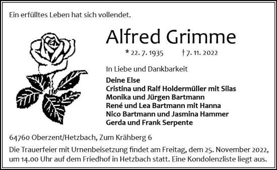 Traueranzeige von Alfred Grimme von vrm-trauer Odenwälder Echo