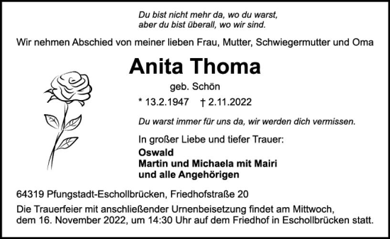 Traueranzeige von Anita Thoma von vrm-trauer Rüsselsheimer Echo / MainSpitze