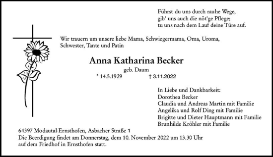 Traueranzeige von Anna Katharina Becker von vrm-trauer Darmstädter Echo
