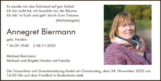 Traueranzeige von Annegret Biermann von vrm-trauer AZ Mainz