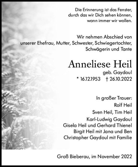Traueranzeige von Anneliese Heil von vrm-trauer DieburgerAnzeiger/Groß-Zimmerner Lokala