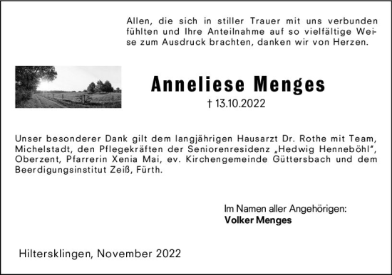 Traueranzeige von Anneliese Menges von vrm-trauer Odenwälder Echo