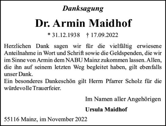 Traueranzeige von Armin Maidhof von vrm-trauer AZ Mainz