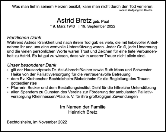Traueranzeige von Astrid Bretz von vrm-trauer Allgemeine Zeitung Alzey