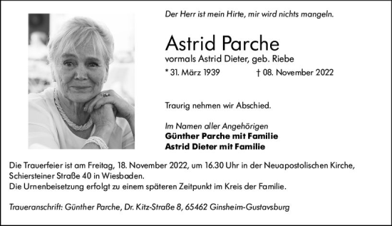 Traueranzeige von Astrid Parche von vrm-trauer Wiesbadener Kurier