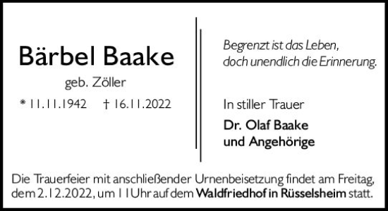 Traueranzeige von Bärbel Baake von vrm-trauer Rüsselsheimer Echo / MainSpitze