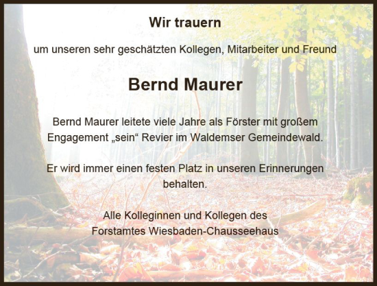 Traueranzeige von Bernd Maurer von vrm-trauer Idsteiner Zeitung