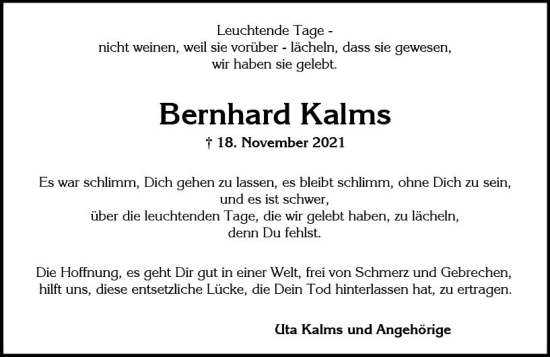 Traueranzeige von Bernhard Kalms von vrm-trauer Wiesbadener Kurier