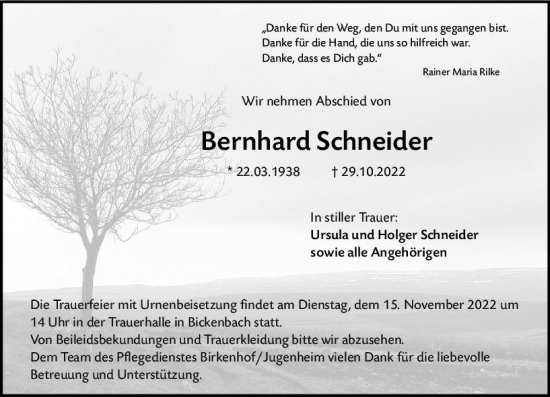 Traueranzeige von Bernhard Schneider von vrm-trauer Darmstädter Echo