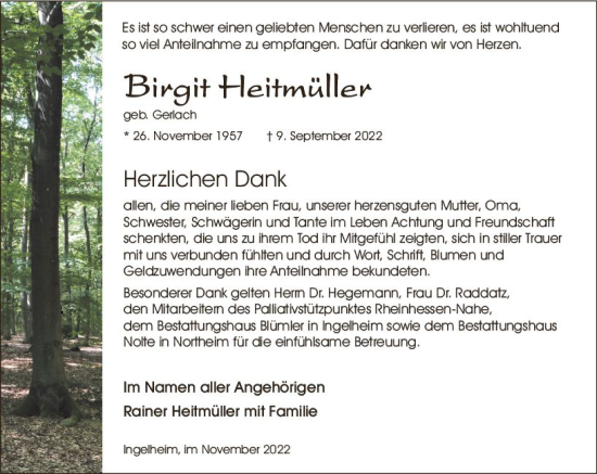 Traueranzeige von Birgit Heitmüller von vrm-trauer Allgemeine  Zeitung Ingelheim-Bingen