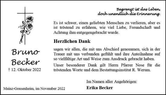 Traueranzeige von Bruno Becker von vrm-trauer AZ Mainz