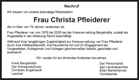 Traueranzeige von Christa Pfleiderer von vrm-trauer Bürstädter/Lamperth. Ztg/Starkenburger
