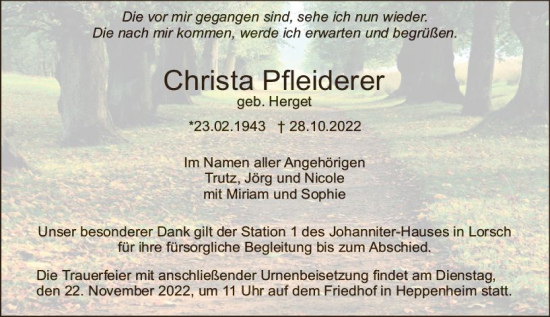 Traueranzeige von Christa Pfleiderer von vrm-trauer Bergsträßer Anzeiger