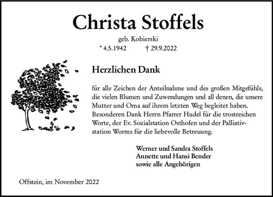 Traueranzeige von Christa Stoffels von vrm-trauer Wormser Zeitung