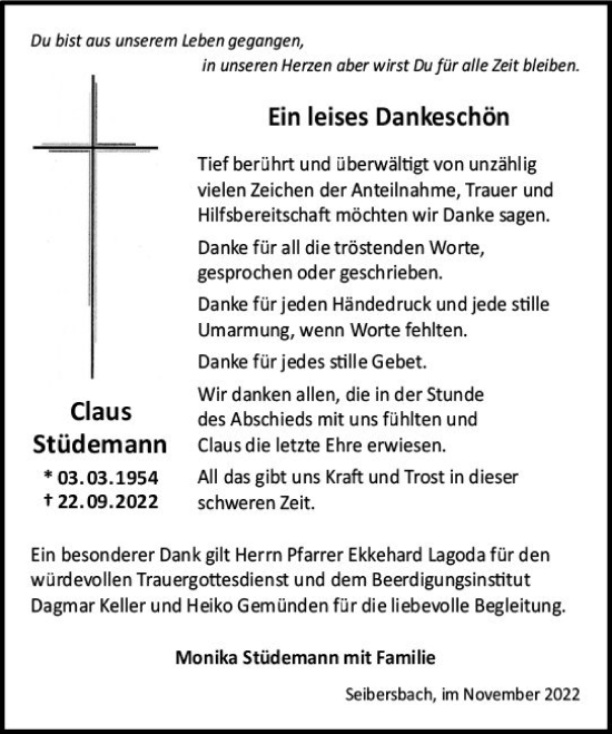Traueranzeige von Claus Stüdemann von vrm-trauer Allg. Zeitung Bad Kreuznach