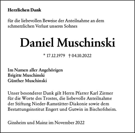 Traueranzeige von Daniel Muschinski von vrm-trauer AZ Mainz