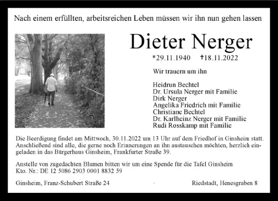 Traueranzeige von Dieter Nerger von vrm-trauer Rüsselsheimer Echo / MainSpitze