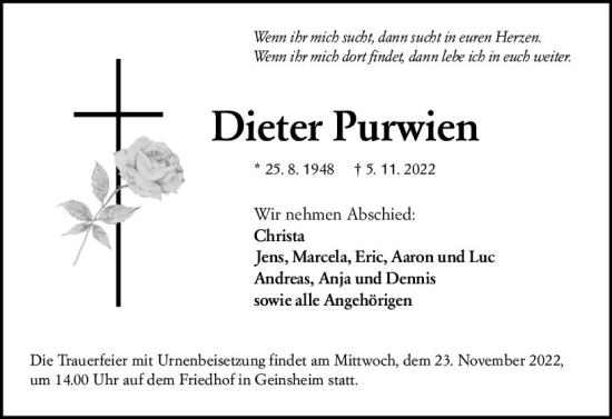 Traueranzeige von Dieter Purwien von vrm-trauer Rüsselsheimer Echo / MainSpitze