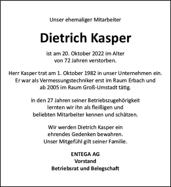 Traueranzeige von Dietrich Kasper von vrm-trauer Odenwälder Echo