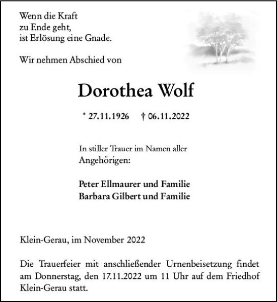Traueranzeige von Dorothea Wolf von vrm-trauer Groß-Gerauer Echo